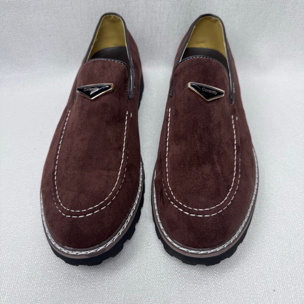 Coramtty Brown Men Suede Like Loafers White Contrast Stitching Slip On Size 11